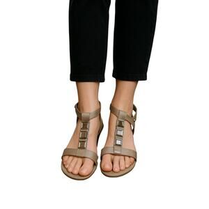 AK Sport Tan Beige Jeweled Textured Wedge T-Strap Sandals Size‎ 10M